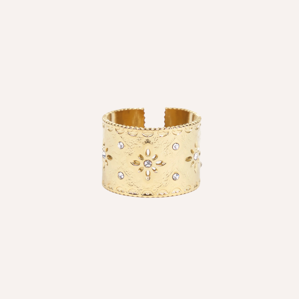 Anello dorato decorato con cristalli – Fiore di Luce