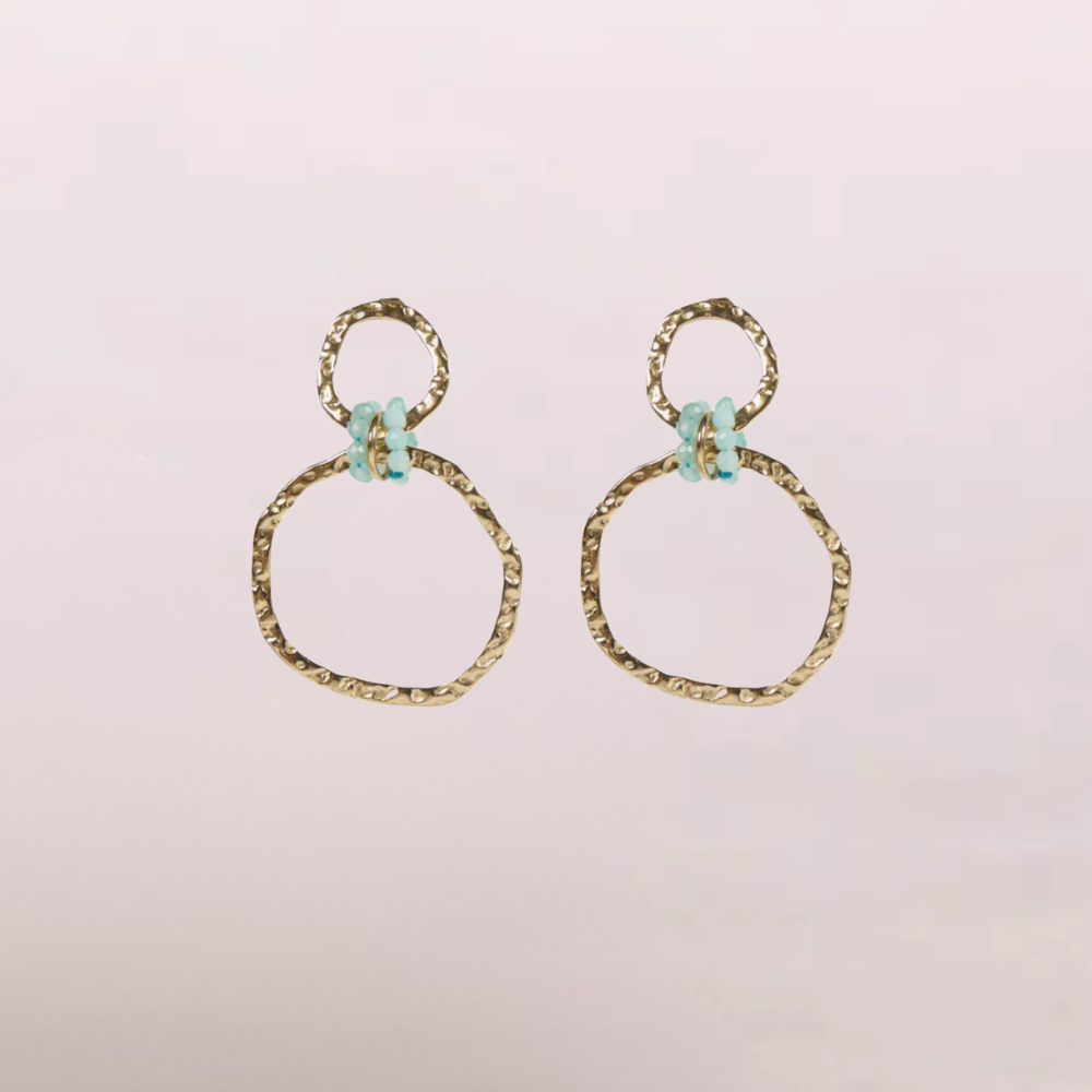 Orecchini doppi cerchi martellati con perline turchesi – Onda