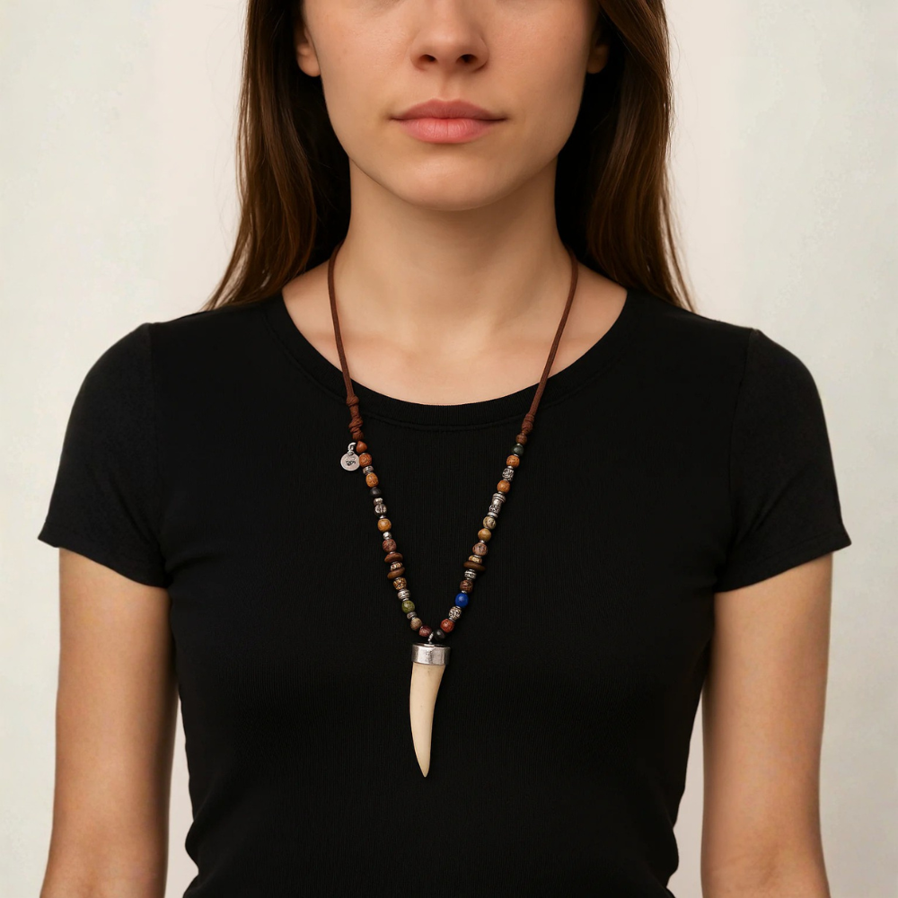 Collana con pendente a dente e perle naturali - Cornus Bianco